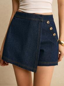Poéselle 女士金属纽扣口袋设计休闲百搭牛仔短裙 - 深色水洗藍 - 查看 3