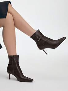 Mnmlis 欧美风方头高跟踝靴，百搭细跟短靴，2025秋冬新款 - 棕色 - 查看 10