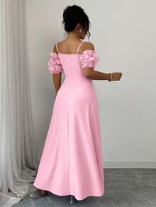 Elenzga 大码缀饰细肩带心形领口蝴蝶3D花朵收腰短袖A字连衣裙，紫色和薰衣草色，优雅法式风格 - 粉色 - 查看 2