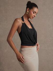 L'Amorae 女士纯色金属链垂褶领上衣 - 黑色 - 查看 5