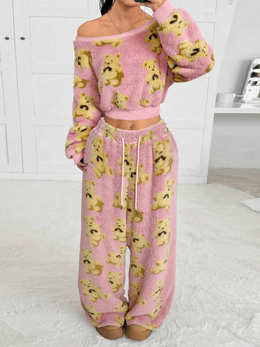 CovetEZ Bộ 2 món áo hoodie và quần dài họa tiết gấu hoạt hình màu hồng mới dành cho nữ mùa thu/đông - Hồng - Xem 1