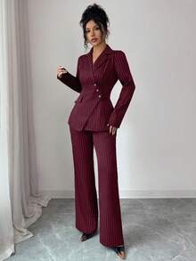 Elenzga 女士条纹不对称翻领单口袋设计收腰优雅职业西装外套及阔腿裤两件套 - 酒紅色 - 查看 6