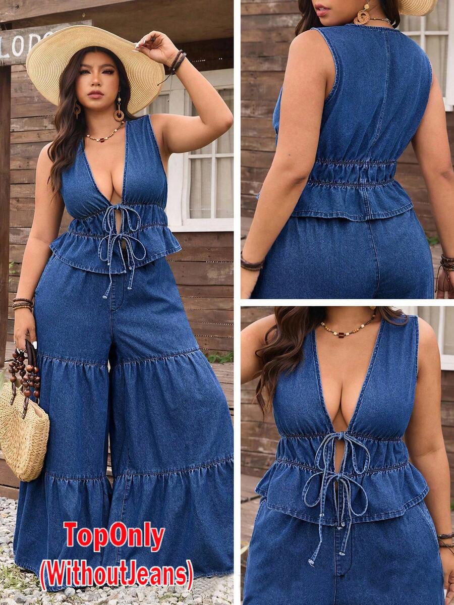 Plus Size Denim Beach Vacation Style Elastic Drawstring Ruffled Hem Vest - Dark Wash - View 1