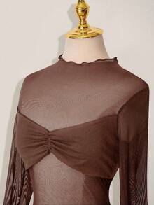 SHEIN ICON Mesh Patchwork Sheer Ruched Long Sleeve Mini Dress,Dresses For Women Party - Brown - View 4