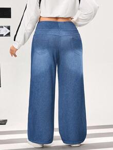 Flexra Plus Size Women Casual Everyday Commute Simple Versatile Elastic Waist Loose Wide Leg Jeans - Medium Wash - View 2