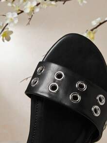 SHUZIA Giày sandal đế bằng đính lỗ kim loại thời trang thoải mái cho nữ - màu đen - Xem 7