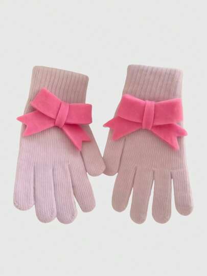 Kawaii 1 Paio di guanti eleganti e romantici da donna, semplici e alla moda, con decorazione a fiocco 3D, adatti per la scuola, appuntamenti, pendolarismo, shopping, ecc.