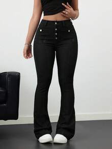 SHEIN Tall Women's Jeans Skinny Stretch Flare Breasted Jeans Blue Jeans Leggings Flare Women Tights Fall Pants Denim Pants Tall Jeans Homecoming - Black - View 3