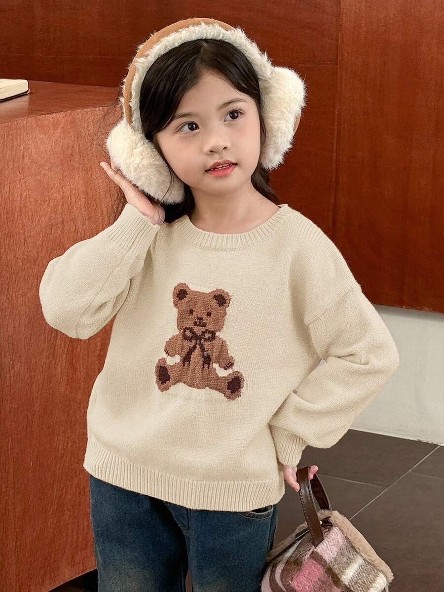 SHEIN Young Girl Casual Bear Pattern Crew Neck Sweater - Apricot - View 1