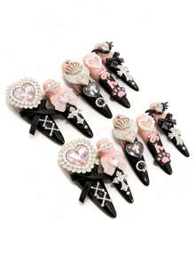 Anime 10张Y2K可爱爱心、星星、蝴蝶结、翅膀美甲贴纸，带胶带 - 黑粉1 - 查看 2