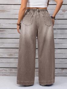 EMERY ROSE Quần jean ống rộng denim rộng rãi, thường ngày cho nữ cỡ lớn có túi cài nút phía trước - Cà phê nâu - Xem 3