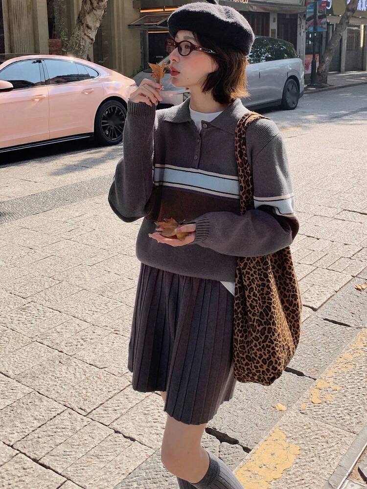 2pcs/Set Women Loose Casual Street Style Grey Christmas Design Sweater Set, Suitable For Autumn & Spring
