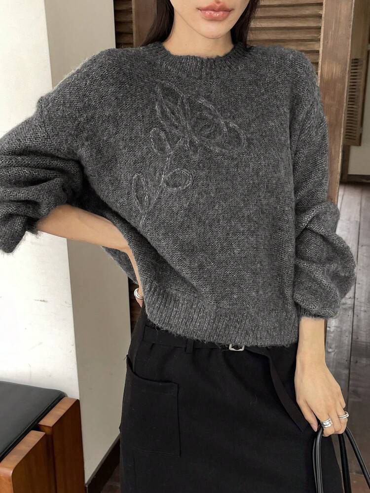 Women's Fashionable Casual Grey New Year & Christmas Short Pullover Knit Sweater, Autumn/Winter