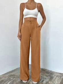 SHEIN 女士纯色高腰褶裥直筒休闲裤 - 棕色 - 查看 3