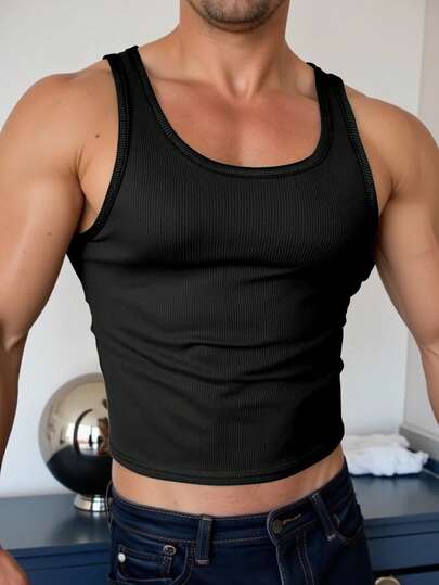 Manfinity Dauomo Men's Solid Color Cropped Slim Fit Ribbed Casual Black Tank Top