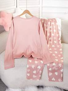 SHEIN Valentine's Day  2pcs/Set Teen GirlPink Heart & Letter Print Pajama Set, Long Pants & Long Sleeve, Comfortable Loungewear - Multicolor - View 2