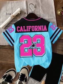 SHEIN Leap Crew 2件套少女休闲复古字母数字徽章图案短袖宽松T恤和打底裤套装，适合夏季运动休闲穿着，轻松舒适，休闲运动套装，嘻哈运动服，少女运动套装，少女运动服套装 - 彩色 - 查看 3