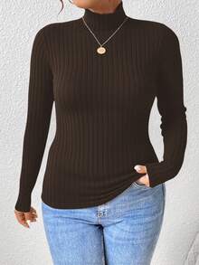 SHEIN Frenchy Camiseta de gola alta canelada plus size de cor sólida, casual para outono/inverno, blusa canelada marrom, blusa básica, blusa de manga comprida, blusa de gola alta marrom, blusa básica com forro duplo, blusa marrom charmosa. - Castanho - Ver 4