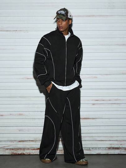 Modcrash 2 件男士前拉链口袋简约夹克和裤子套装，休闲运动服，秋季服装