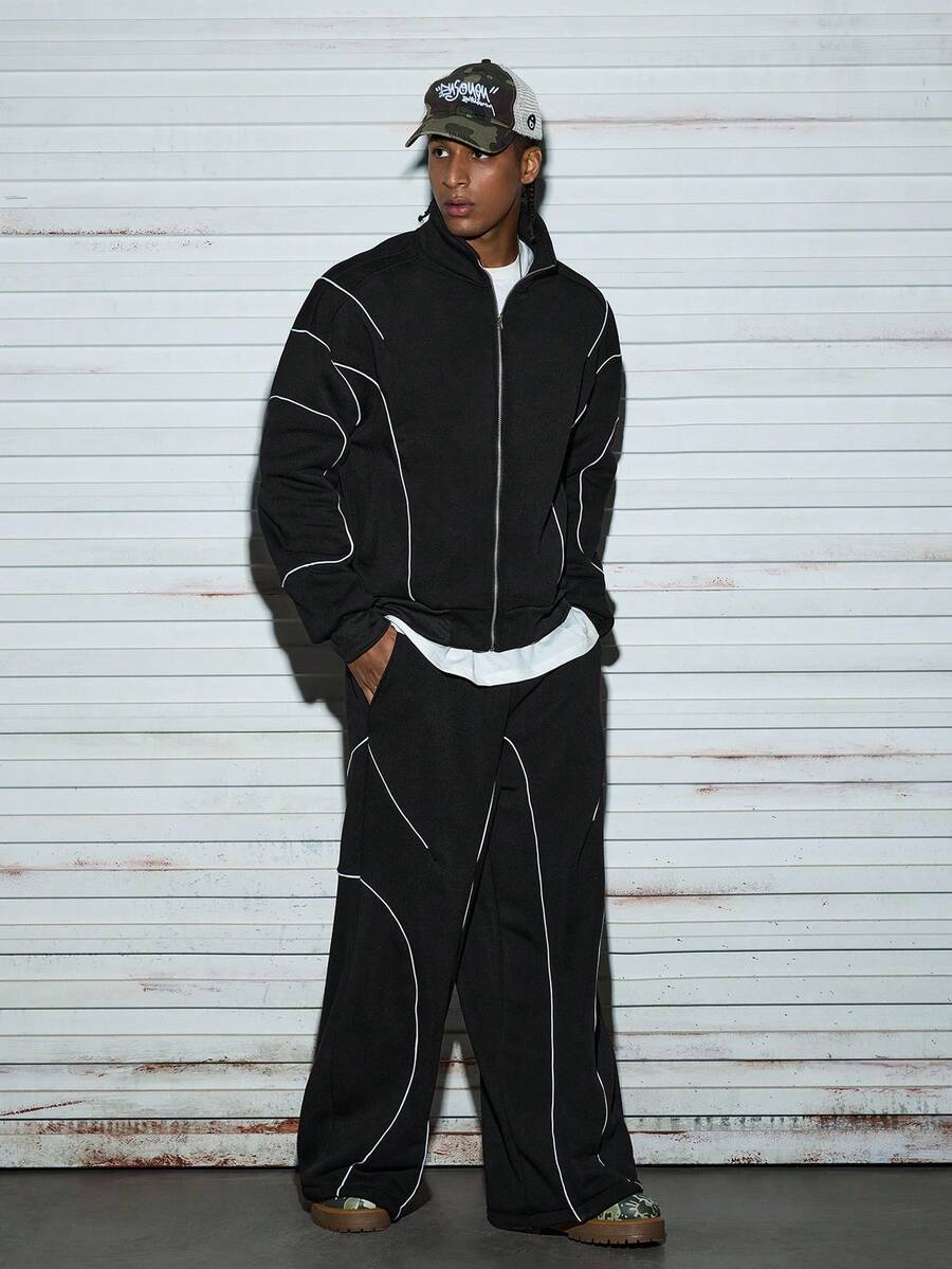 Modcrash 2 件男士前拉链口袋简约夹克和裤子套装，休闲运动服，秋季服装 - 黑色 - 查看 1