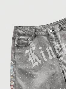 ROMWE MEN Street Life Casual Wide Leg Button Pocket Men's Sparkling Diamond Denim Shorts - Grey - View 2