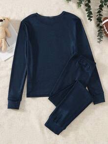 男童修身简约日常及圣诞节印花圆领长袖上衣和全印花睡裤套装（2件套） - 寶藍色 - 查看 2