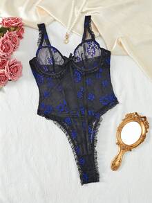 SHEIN 花卉印花成熟双色蕾丝紧身衣，褶饰迷人开叉设计性感紧身衣，适合女性外出穿着 - 黑色 - 查看 6