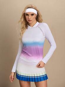 Cheerettes 女士渐变色插肩袖拉链半开襟运动Polo衫 - 白色 - 查看 3