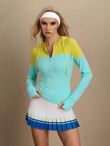 SHEIN Unity 女士撞色抽绳连帽半拉链长袖休闲日常运动卫衣 - 藍色 - 查看 7