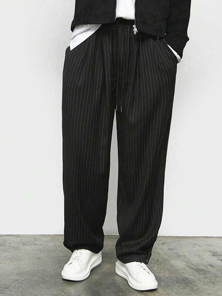 Men's Elastic Waist Black Striped Pants, Autumn