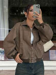 SHEIN EZwear Vintage Washed Snowflake Textured PU Leather Jacket, Autumn - Bronze - View 3