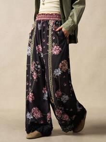 Bohemela Women's Casual Loose Fit Plaid Patchwork Wide Leg Pants - Black - View 5