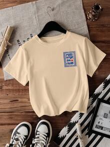 INAWLY 女式 More Amor Por Favor 休闲标语 T 恤，百搭圆领短袖 T 恤 - 杏色 - 查看 5