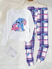 女童 2 件組白色居家服套裝，卡通兔子印花長袖上衣與格紋長褲睡衣，適合秋季夜晚，舒適貼身睡衣 - 彩色 - 查看 5