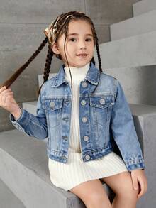 Girls' Lightweight Denim Jacket, Vintage Casual College Style, Floral & Rabbit Embroidery Decor, Simple Lapel Design, Suitable For Outings, Daily Wear, Parties, A Must-Have Versatile Denim Jacket For Spring And Autumn - Medium Wash - View 2