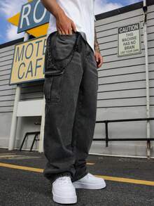 Manfinity EMRG Men's Casual Simple Multi Pocket Denim Jeans, For Daily Wear Going Out Hang Out Hiking Vacation Street - Black - View 3