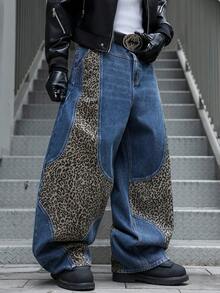 Manfinity EMRG Leopard Print Patchwork Pocket Casual Wide Leg Jeans - Blue - View 1