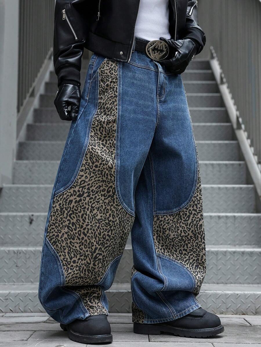 Manfinity EMRG Leopard Print Patchwork Pocket Casual Wide Leg Jeans - Blue - View 1