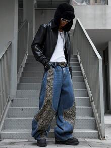 Manfinity EMRG Leopard Print Patchwork Pocket Casual Wide Leg Jeans - Blue - View 6