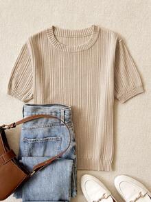 GlowEve Áo len dệt kim cổ tròn tay ngắn ôm sát màu trơn cho nữ, thời trang & thanh lịch, mùa xuân/thu - Màu be - Xem 5