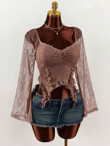 Amplova 大码女式甜心领长袖蕾丝拼接荷叶边不对称下摆时尚衬衫 - 棕色 - 查看 3