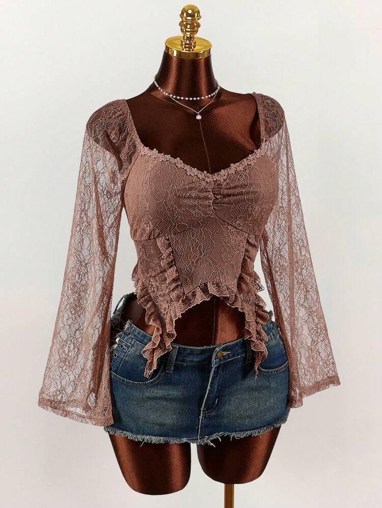 Amplova Y2K 大码女式甜心领长袖蕾丝拼接荷叶边不对称下摆时尚蕾丝上衣性感度假 Y2K 情人节女装 - 棕色 - 查看 3
