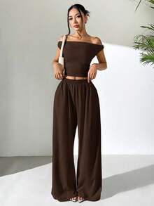 SHEIN EZwear 女士不对称肩部上衣和长裤套装，夏季 - 棕色 - 查看 4