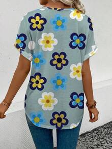 SHEIN LUNE Women's Floral Pattern V-Neck Short Sleeve T-Shirt, Spring/Summer - Multicolor - View 2