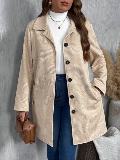 SHEIN Plus Size Casual Solid Color Textured Wool Blend Jacket, Autumn/Winter