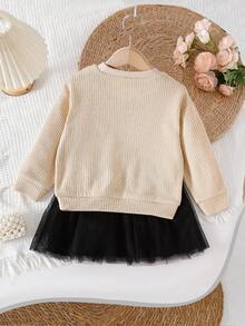 Elladie kids 2pcs/Set Toddler Girls Long Sleeve Knit Top And Mesh Skirt Set, Apricot Sweater With 3D White Flower Decor, Black Tulle Skirt, Sweet And Casual Outfit For Outdoor Play And Leisure