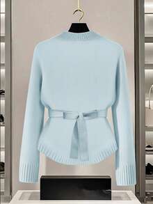 GlowEve 女士蓝色毛衣，新款秋冬金属纽扣不对称开襟开衫，百搭通勤风格 - 藍色 - 查看 2