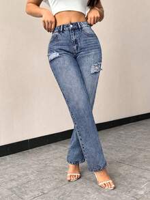 EMERY ROSE Quần jeans ống côn rách rách thường ngày - Rửa trung bình - Xem 8