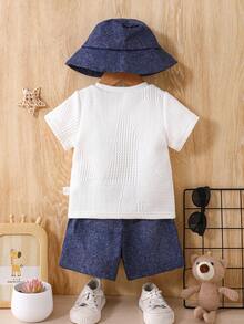 SHEIN 纹理T恤搭配牛仔印花短裤和渔夫帽，打造男婴休闲街头时尚造型 - 寶藍色 - 查看 2