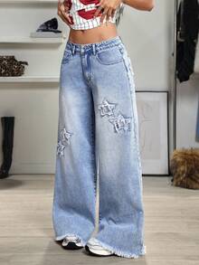 Jeanoix Y2K Low-Waist Fashion Star Embroidery Washed Wide-Leg Jeans - Blue - View 3